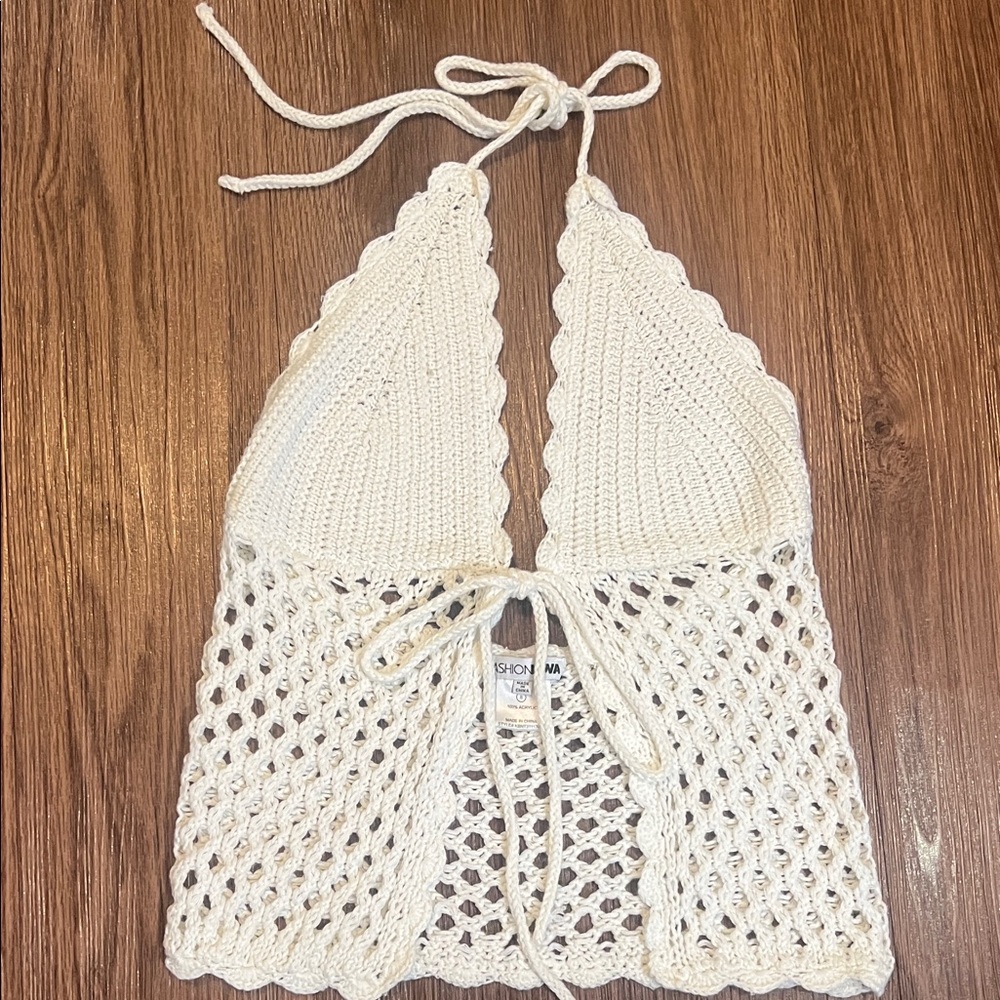 Fashion Nova Cream Crochet Halter Crop Top